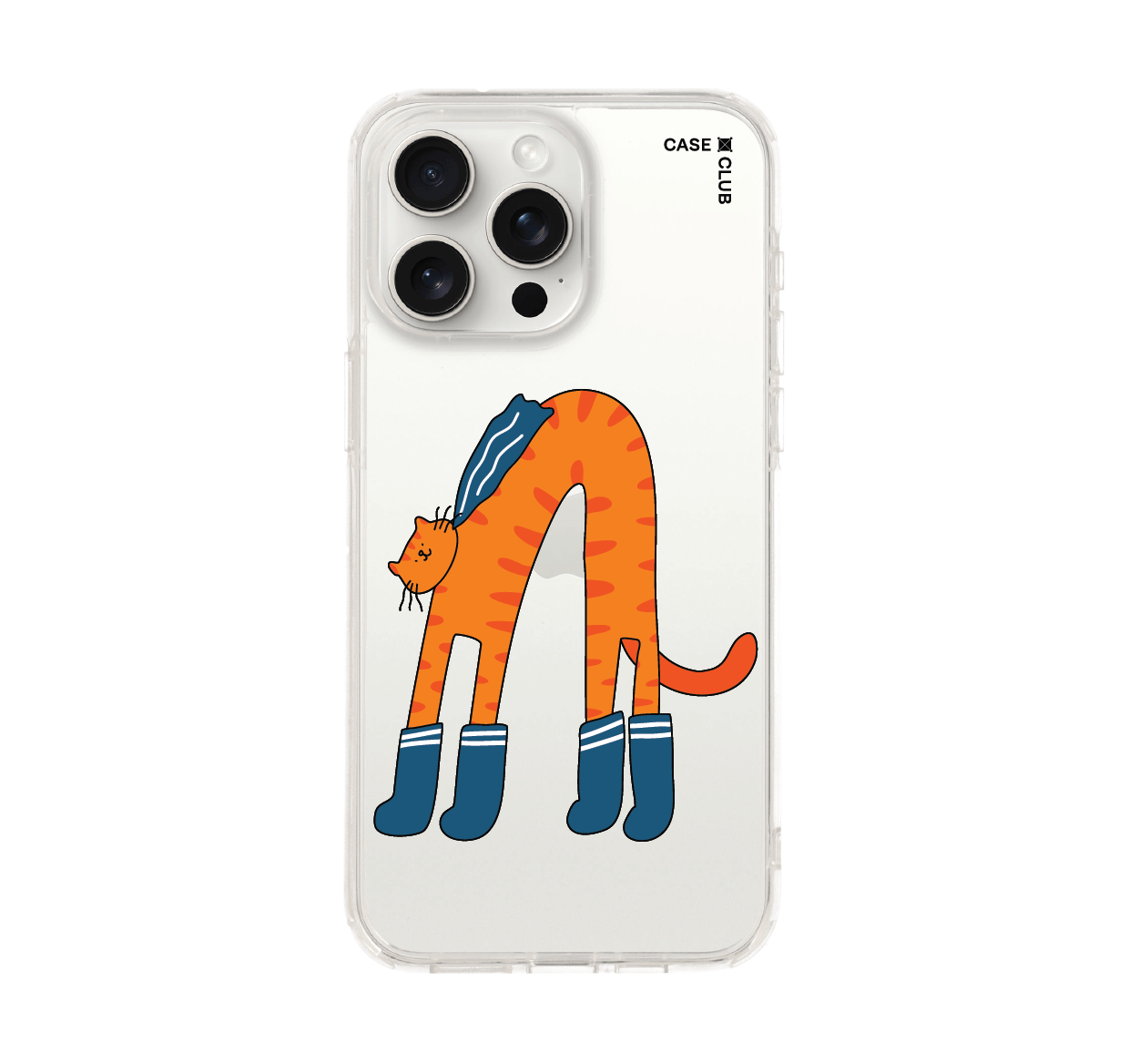 iphone 15 pro max clear case orange cat with blue sock