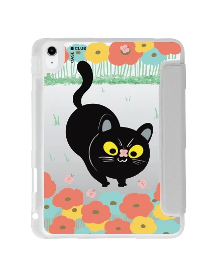 ipad gen 10th/11th 2025 clear grey flower black cat