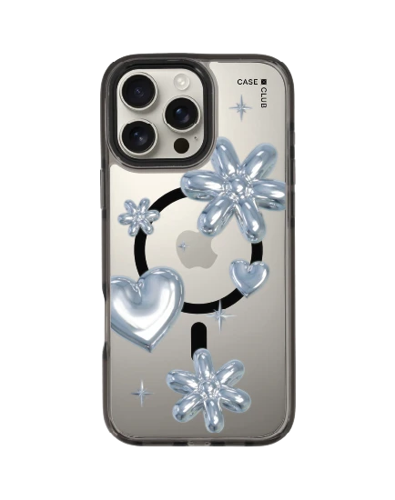 iphone 16 pro max clear black magsafe flower & heart metallic balloons