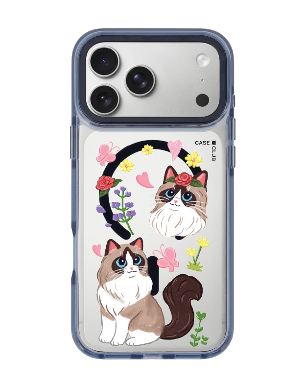 เคสใส iphone 17 pro max magsafe สีฟ้า แร็กดอลล์กับดอกไม้แสนสวย