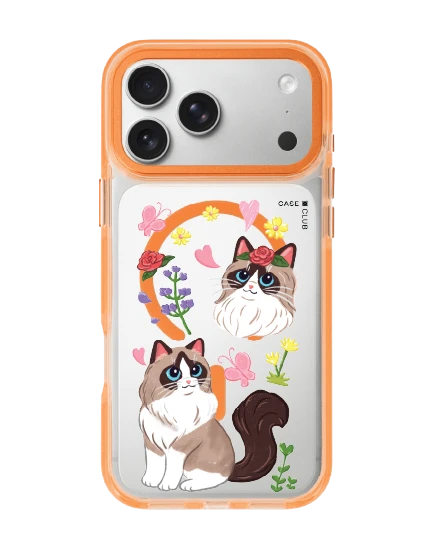 เคสใสสีส้ม iphone 17 pro max magsafe แร็กดอลล์กับดอกไม้แสนสวย