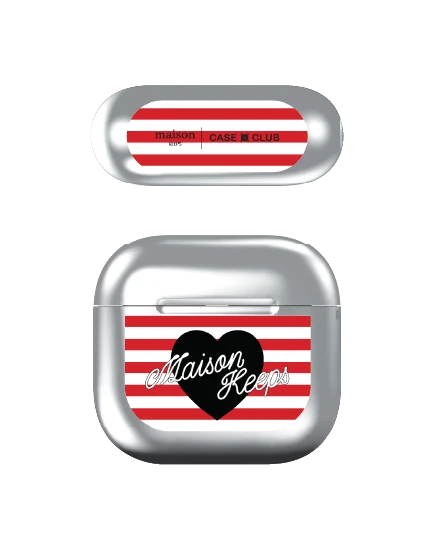 เคสสีเงิน airpods 4 maison keeps adore ลายทางหัวใจ