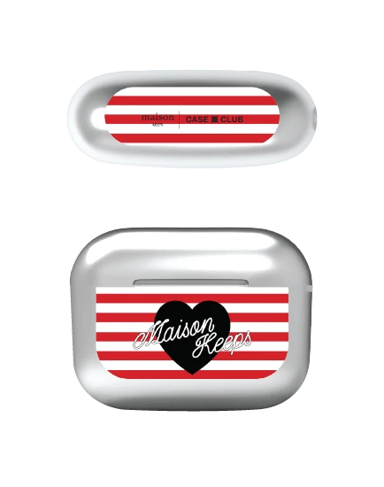 เคสสีเงิน airpods pro 3 maison keeps adore ลายทางหัวใจ