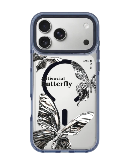 เคสใส iphone 17 pro max magsafe สีฟ้า ผีเสื้อเมทัลลิก