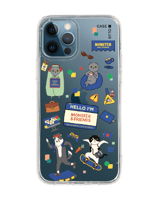 iphone 12/12 pro clear case monster & friends happy mess