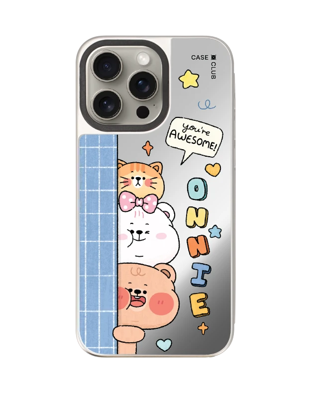 เคสกระจก iphone 15 pro max magsafe หมี onnie และแมวเพื่อนซี้