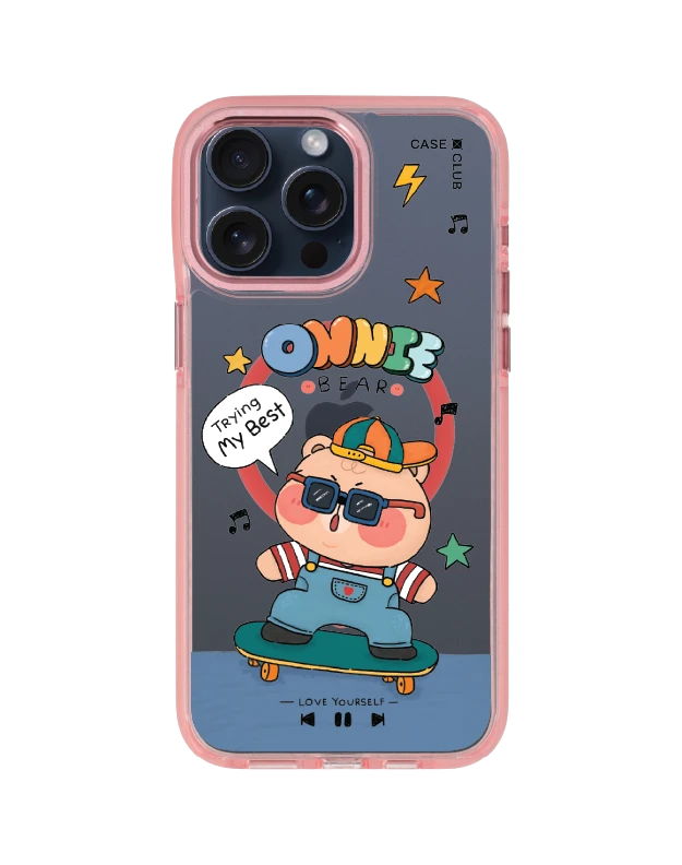 iphone 15 pro max clear pink magsafe หมี onnie สุดเท่ห์บนสเก็ตบอร์ด