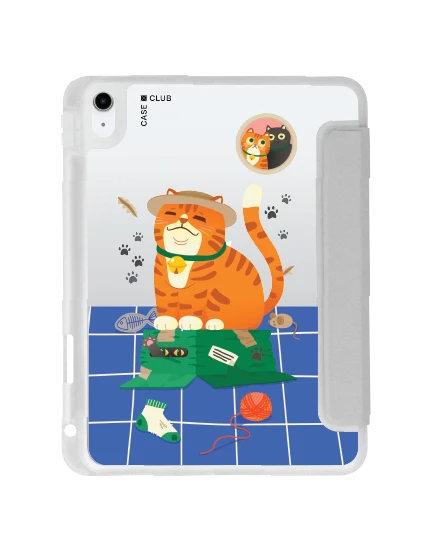 ipad gen 10th/11th 2025 clear grey orange cat on the box