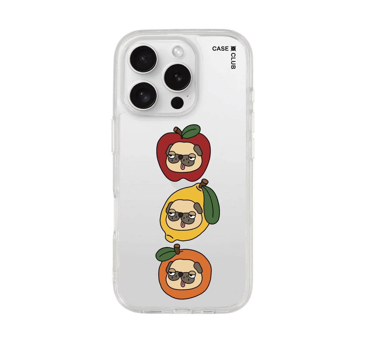 เคสใส iphone 16 pro หมาปั๊กหน้ากวนในผลไม้