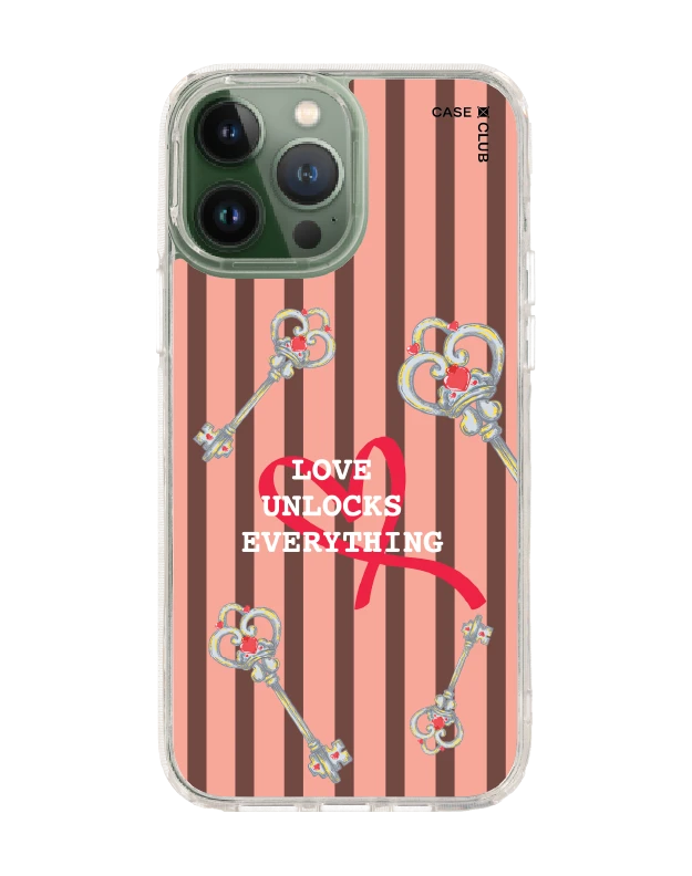 iphone 12/ 13 pro max clear case pink striped love key