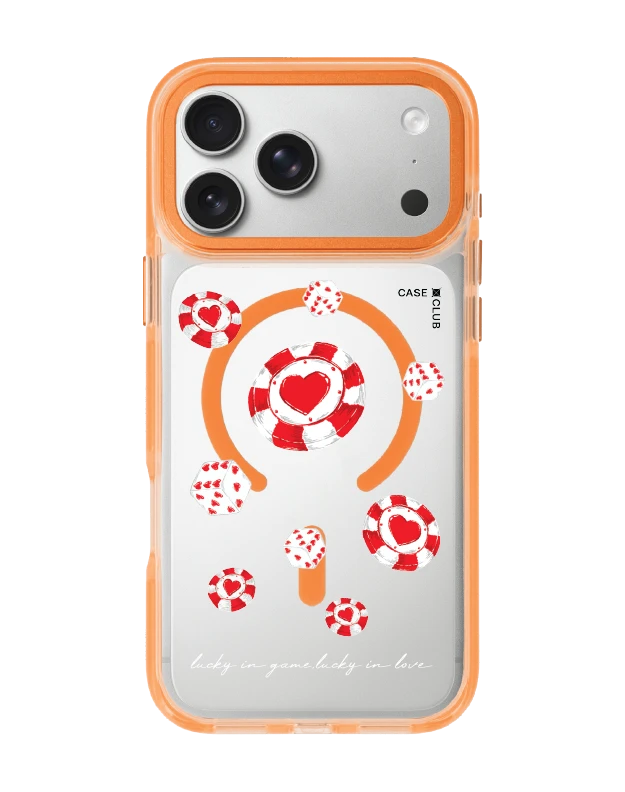 เคสใสสีส้ม iphone 17 pro max magsafe ชิปโป๊กเกอร์รูปหัวใจ