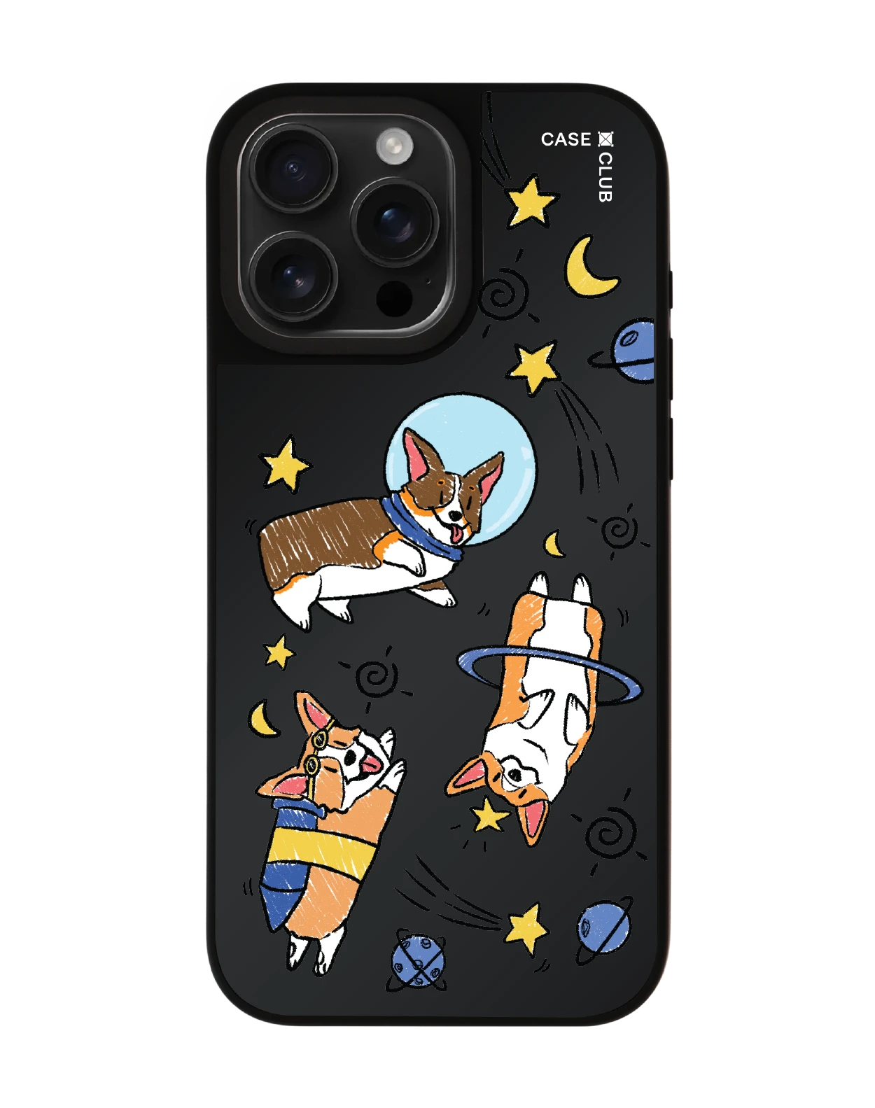 เคสกระจกดำด้าน iphone 16 pro max magsafe แก๊งคอร์กี้ตะลุยอวกาศ