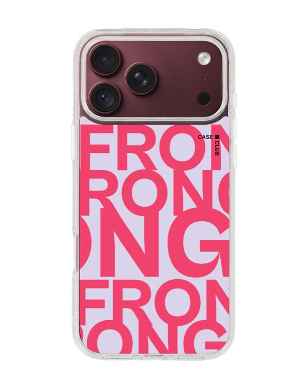Clear case on a lilac background with large pink FRONG lettering