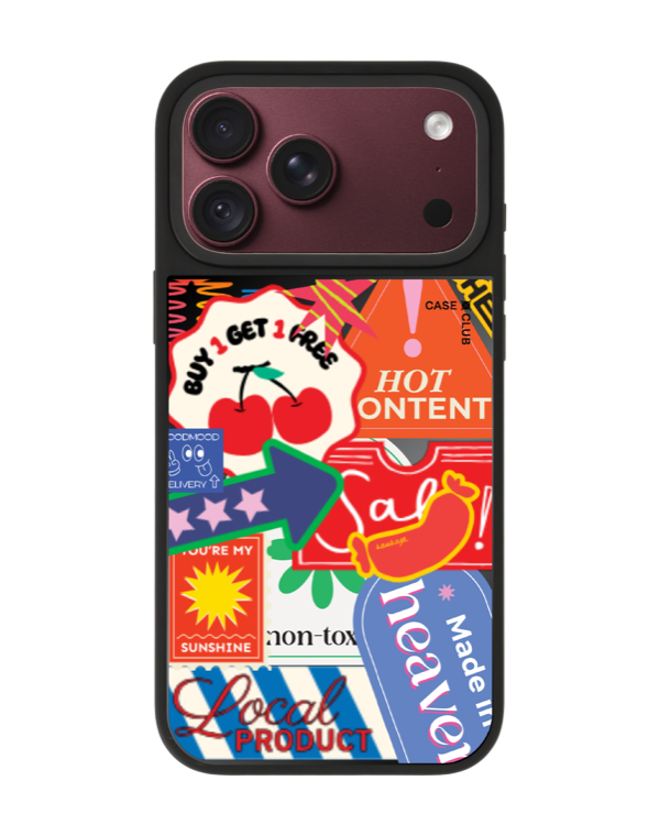 Black-edged case fully covered in Buy 1 Get 1 Free, Sale and Made in Heaven stickers