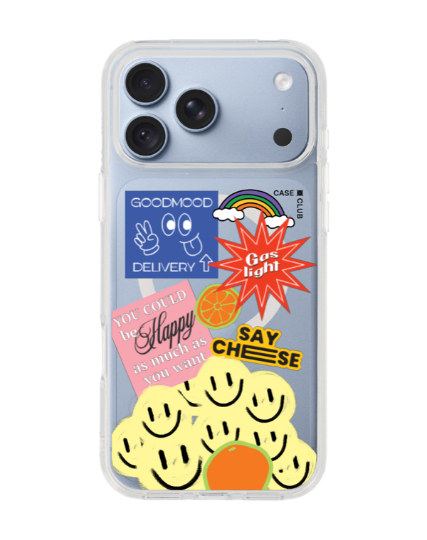 Clear case with Goodmood Delivery, Gas light, Say Cheese and smiley stickers
