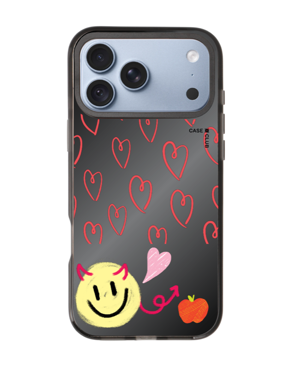 เคสกระจกเงาลายหัวใจสีแดง พร้อมหน้ายิ้มปีศาจและแอปเปิล