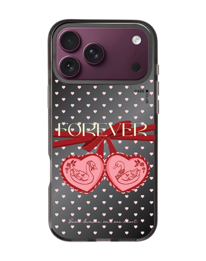 เคสกระจกสีดำลายหัวใจเชอร์รี่คู่พร้อมโบว์