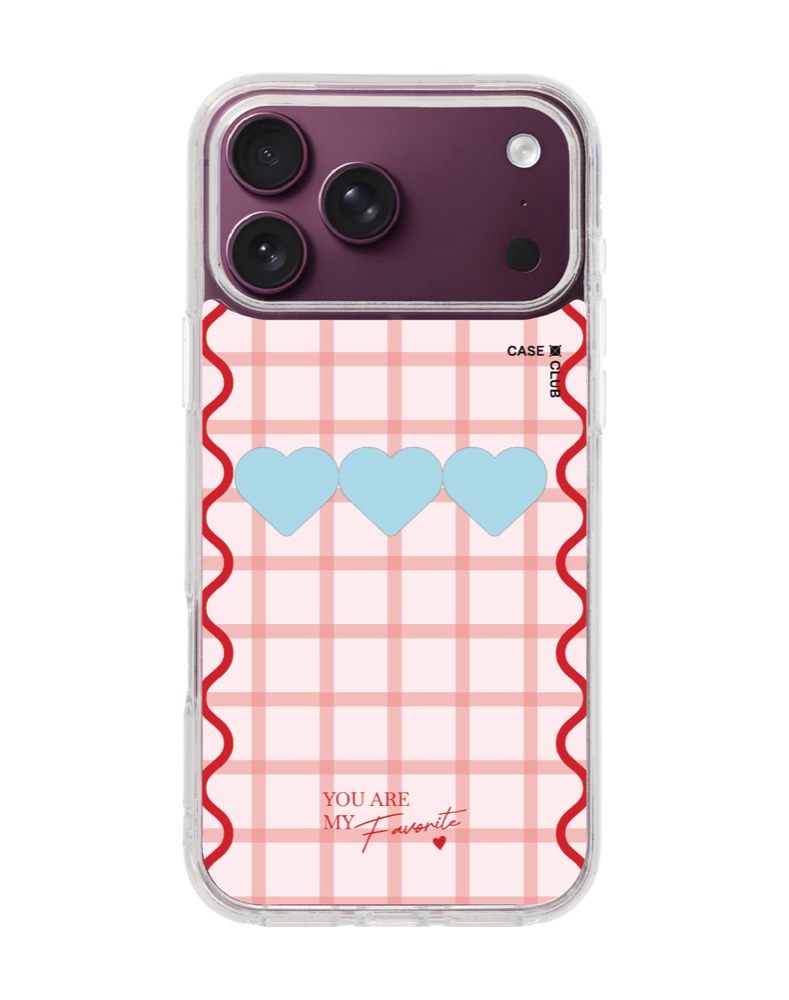 เคสลายตารางสีชมพูขอบลายคลื่นสีแดง